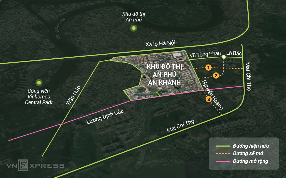 Vị trí ba tuyến đường sẽ mở qua Khu đô thị An Phú - An Khánh, TP Thủ Đức